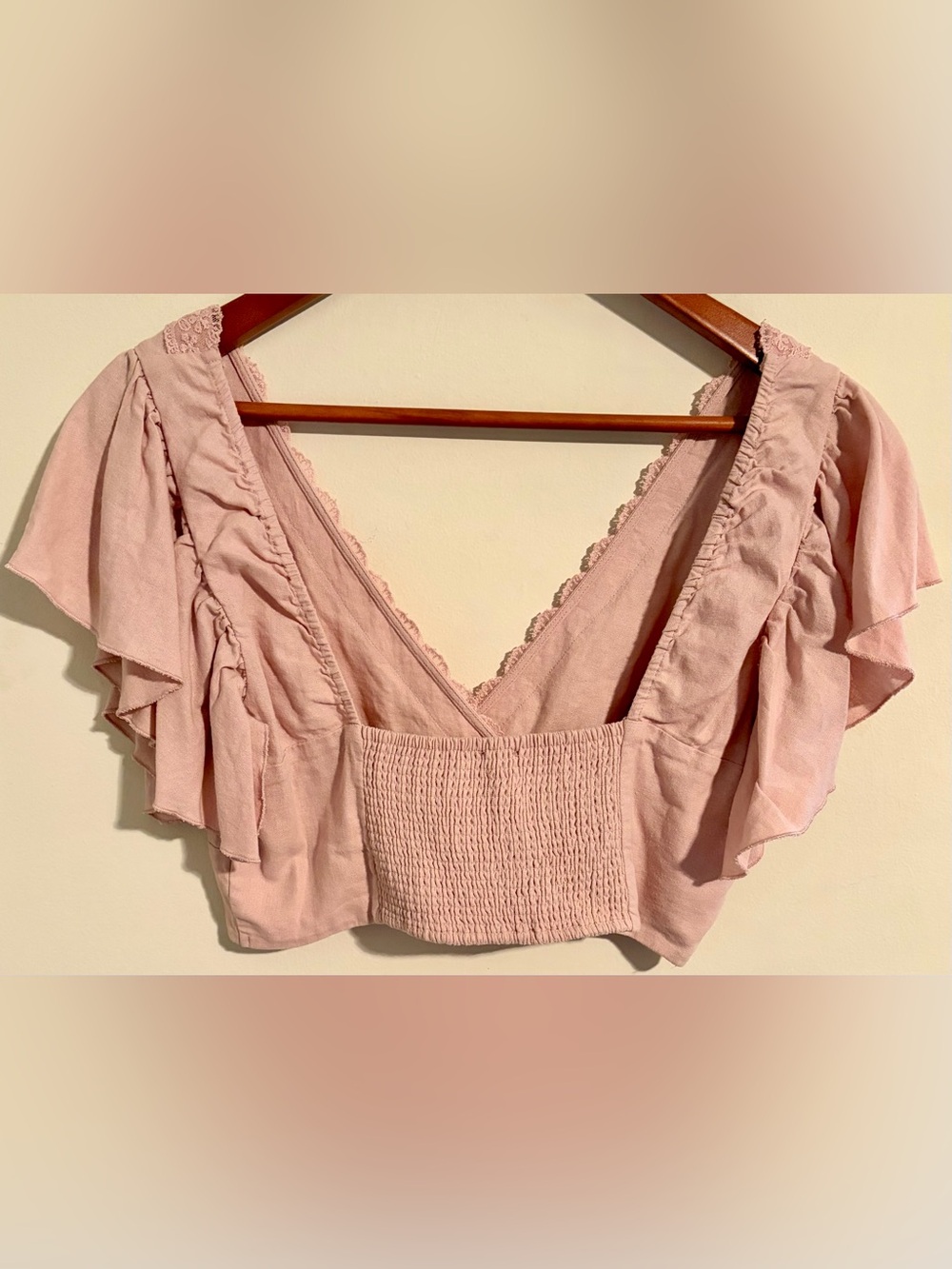 Womens Sz Large Love Tree Dusty Pink Lace V-Neck Cap Sleeve Smocked Cropped Top - Picture 8 of 11